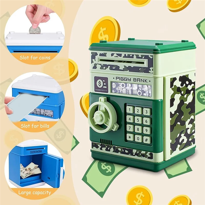 Cofrinho atm para meninos e meninas, caixa de poupança de dinheiro com senha, para adultos com slot para conta automática verde durável-b