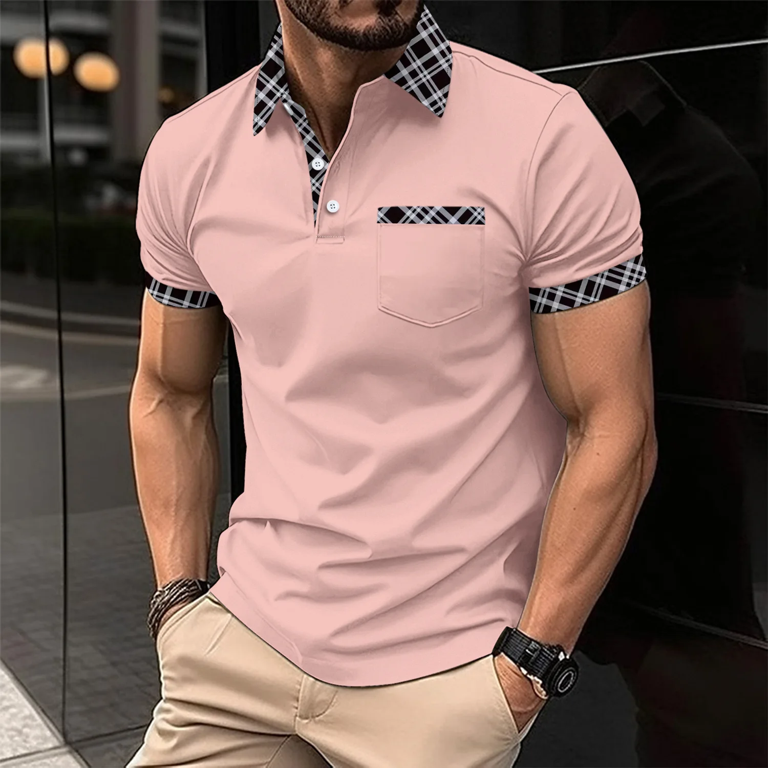 Summer new men\'s fashion slim and comfortable POLO shirt chest pocket lapel button business color match casual breathable T-shir