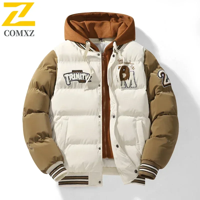 Winter Baseball Jacket 2024 New Embroidered Design Youth Coat Outdoor Fake 2-piece Men's Sports Hooded Cotton Jacket Plus Size - Image 3