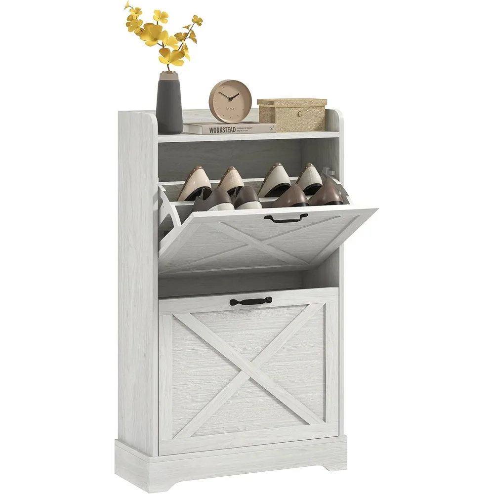 

Slim Shoe Cabinet for Entryway: Farmhouse Hidden Shoe Storage with 2 Flip Drawers & Adjustable Shelves for 8 Pairs