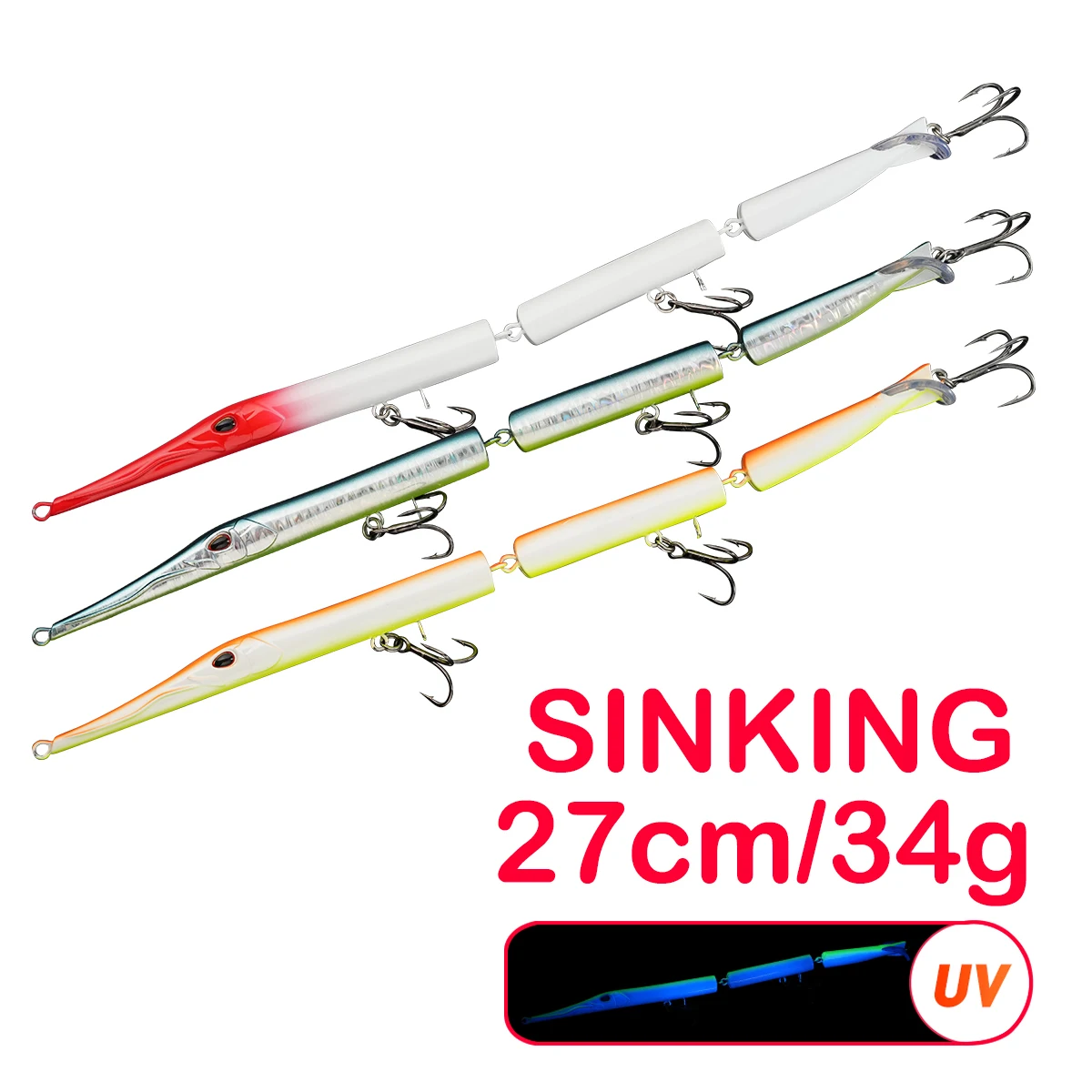 Leurre de pêche articulé 3 sections 27cm 34g, leurre nageur coulant pour eau salée, type crayon, pour la pêche au bar, leurre de lancer longue distance