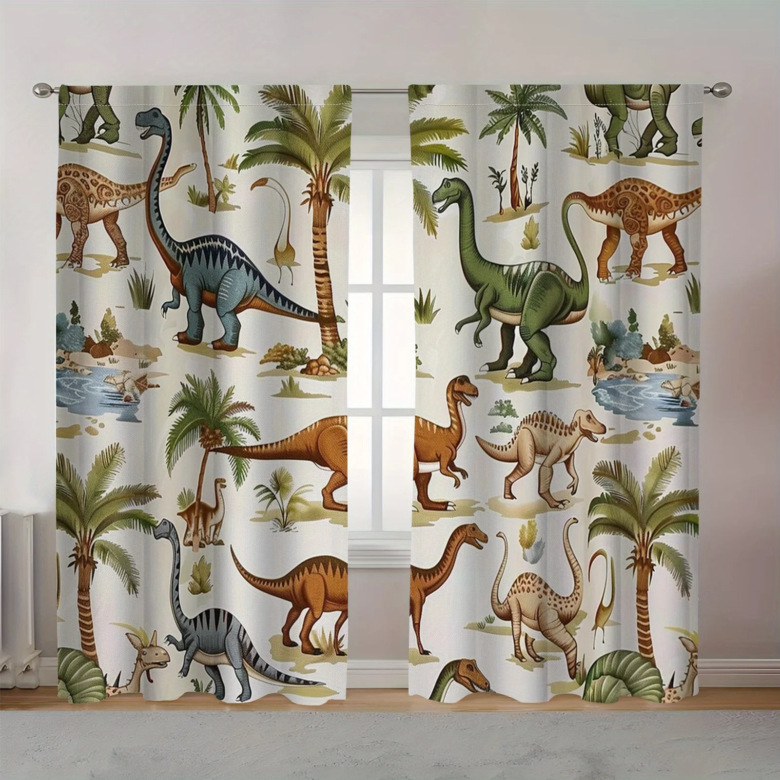 Jurassic Dinosaur Print Curtains Pair for Kids Nursery Room Window Decor Boho Style Jungle Safari Children Curtain Panels 2pcs