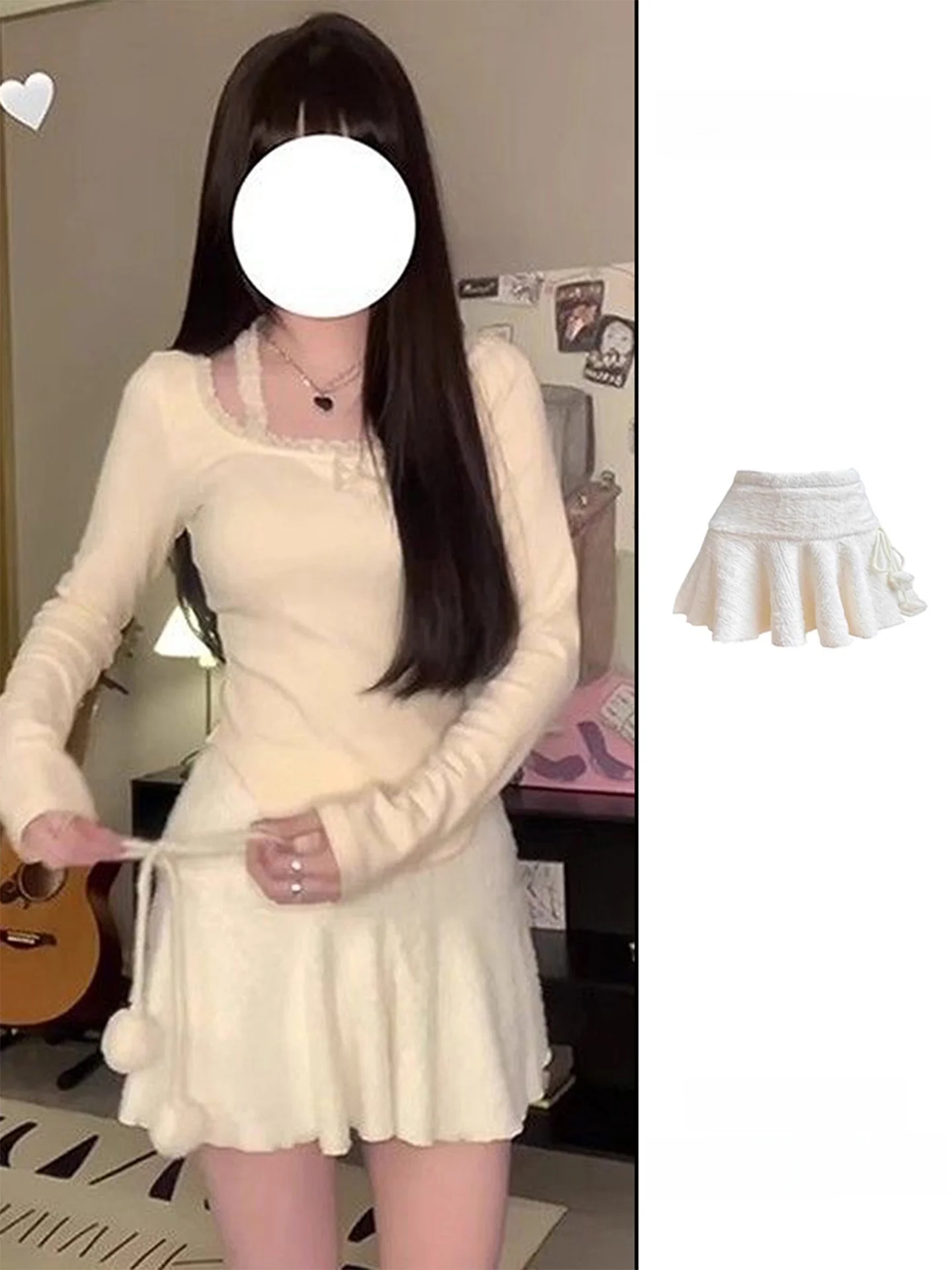 

White Knitted Ruffle Hem A-Line Skirt Women's Autumn Winter Cute Plu f-length Skirts Japanese Pure Desire Sle