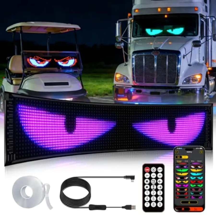 

35"x7.5" LED Devil Eye Lights for Windshield [Advanced Chip, 100% Synced Dual Screen] Programmable Custom LED Cat Eyes Display