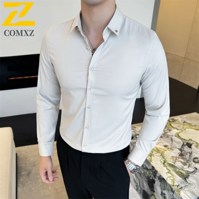 

Men's Long Sleeve Dress Shirt Business Casual Spring Autumn New White Slim Fit Non-Iron Formal Shirt High-Quality Office Wear