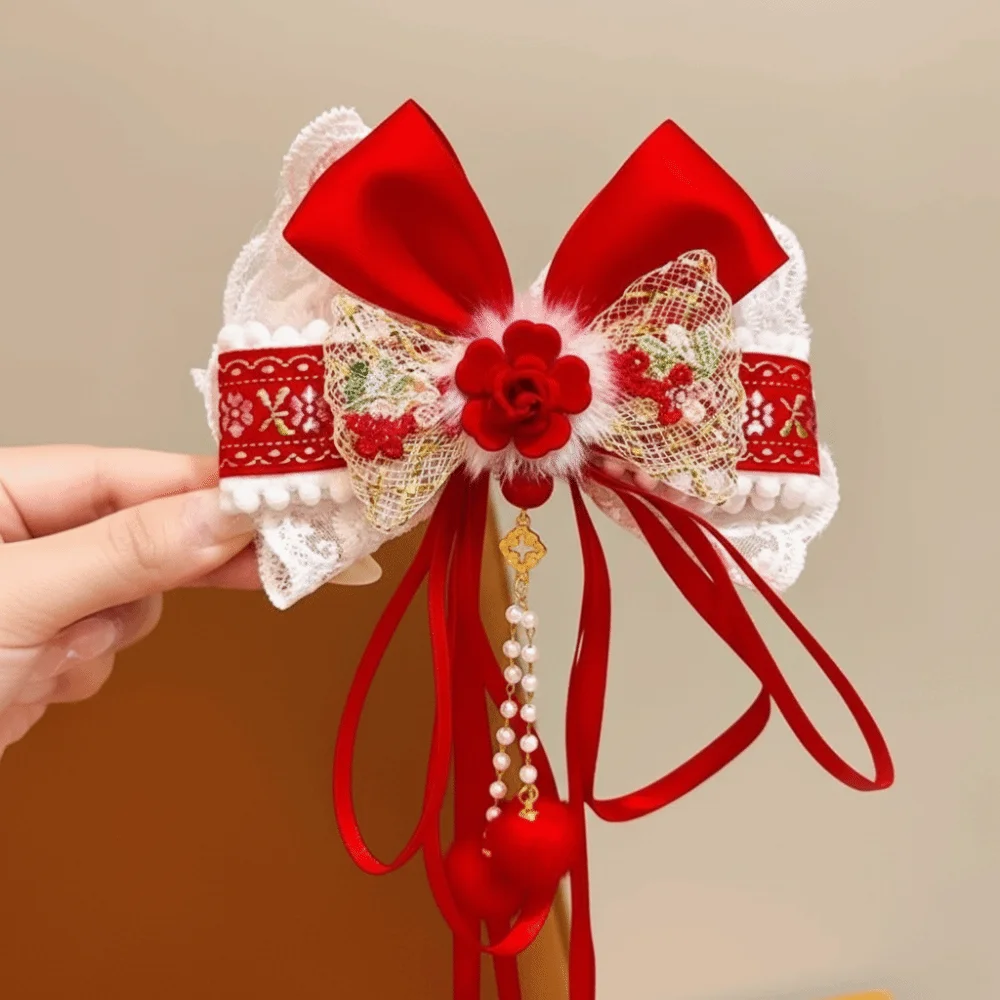 

Chinese Style Red Bow Ribbon Hair Clip Flower Plush New Year Hairpin Pompom Tassel Hanfu Hair Ornamen Children's Headwear