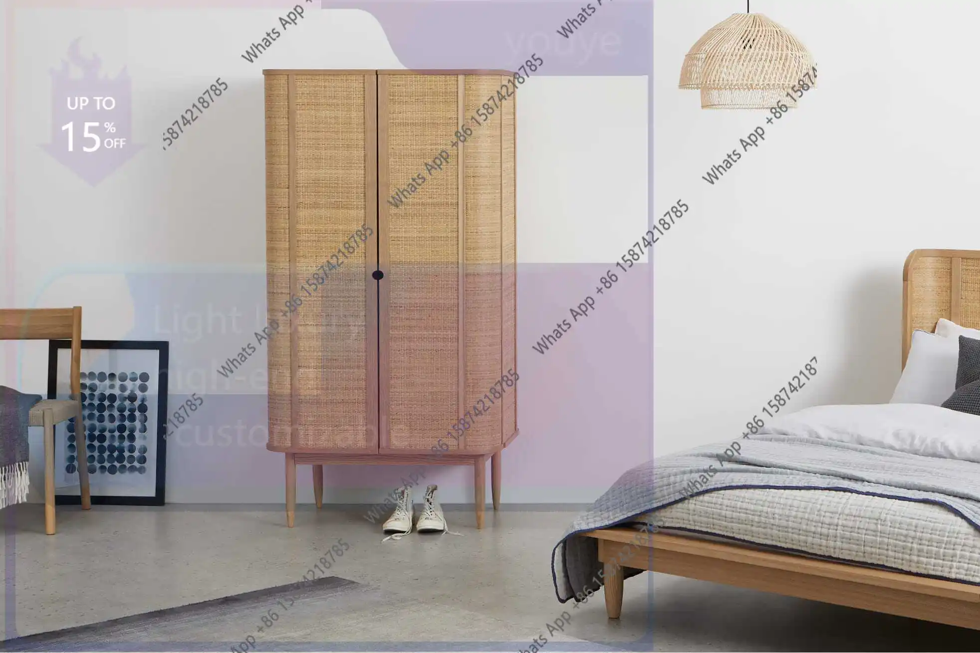 grE Rt American Retro Wardrobe Rattan Solid Wood Nordic Small Apartment Bedroom Double Door Log Old Storage