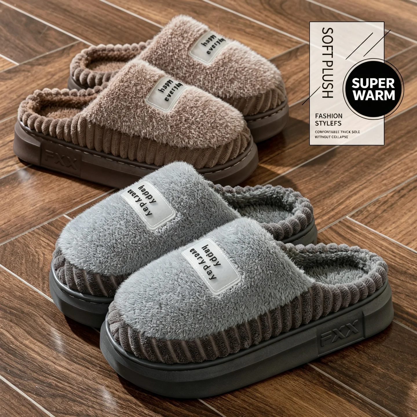 Winterwarme Hausschuhe für Damen und Herren, dicke Plüsch-Plateauschuhe aus EVA, leise, rutschfest, für drinnen und draußen, gemütliche Schlafzimmer-Pantoletten – Detail 17