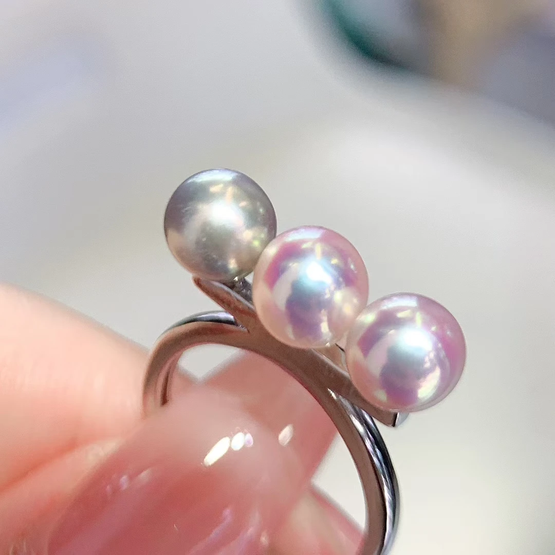 

Certificated 925 Silver Balance Beam Adjustable Ring With 3pc Candy Color Natural Non-Bead Keshi Pink Grey Aurora Pearl Jewelry