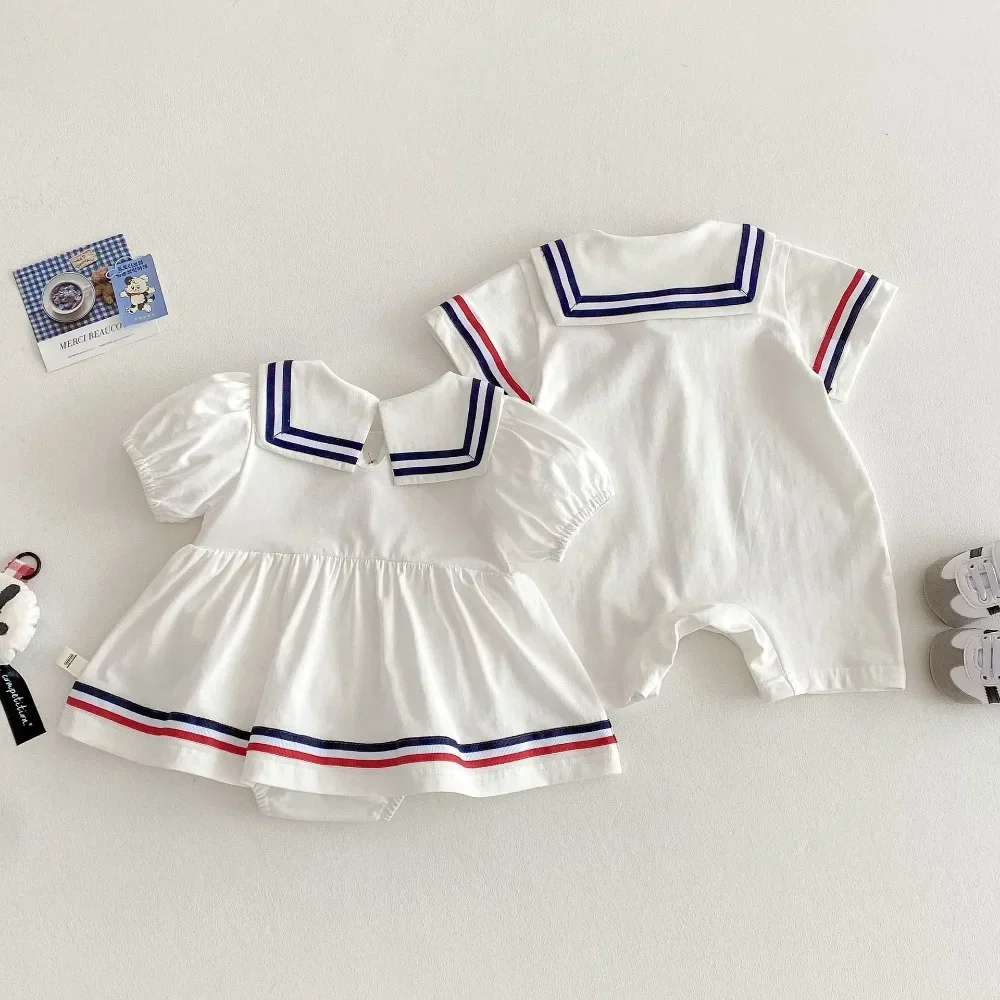 

Infant Boy Short Sleeve Cotton Romper Outfits Clothes 2025 Summer Baby Romper 0-2Years Newborn Girl Navy Collar Skirted Bodysuit