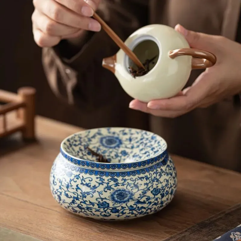 Entangled Lotus Ru Kiln Blue White Tea Residue Jar Home Large Capacity Waste Water Jar Kung Fu Tea Ceremony Accessories ZI372