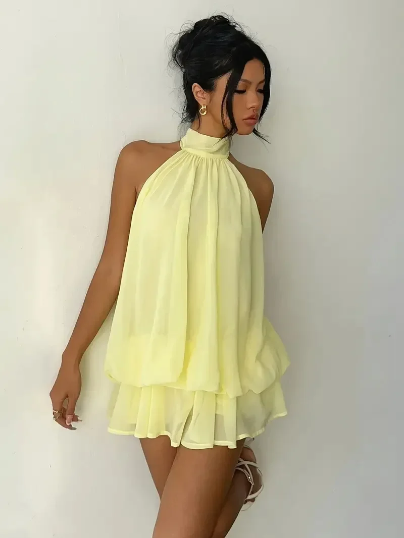 Damen Chiffon-Minikleid mit Neckholder, ärmellos, mehrlagig, mit Rüschen, fließend, einfarbig, locker, A-Linie, Sommer-Party, Strand, Freizeit-Sommerkleid – Detail 20