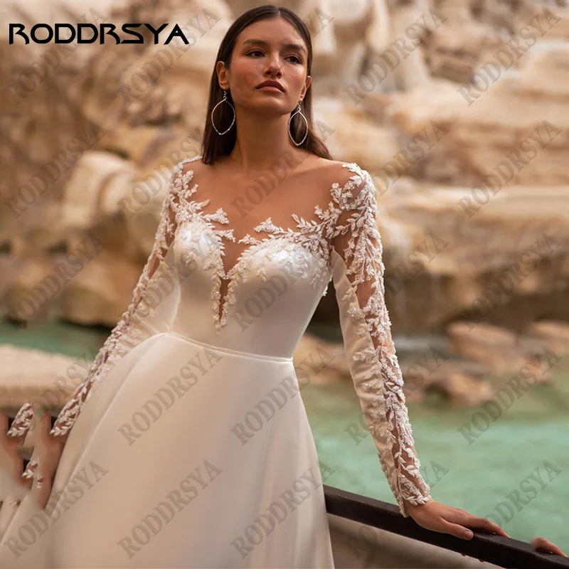 RODDRSYA-Satin ثوب زفاف مع مزخرف بالدانتيل ، فستان زفاف على شكل حرف A-line ، أكمام طويلة ، رقبة دائرية ، ظهر ذو وهم ، مصنوع خصيصًا