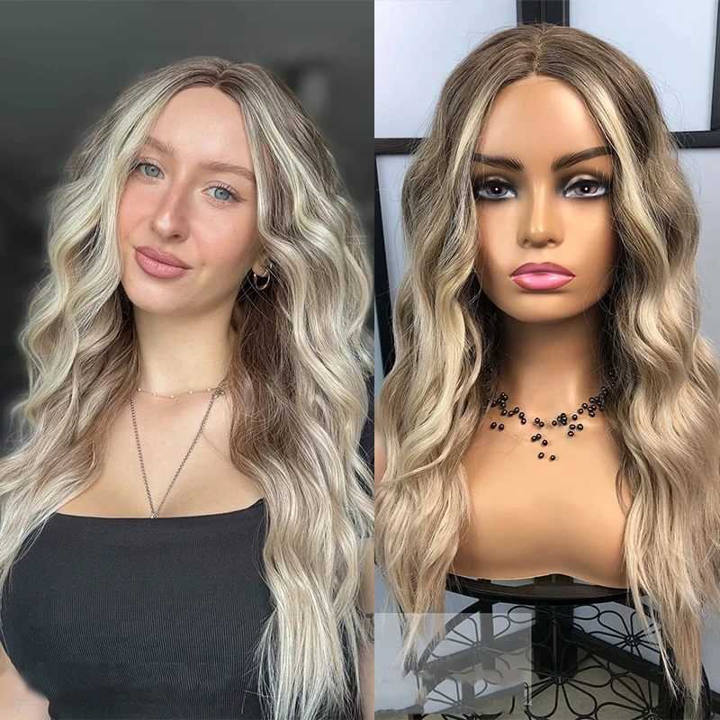 

Highlight Ombre Golden Blonde Synthetic HD Lace Front Wig Mixed Brown and Blonde Color Preplucked Hairline Center Parting Wig