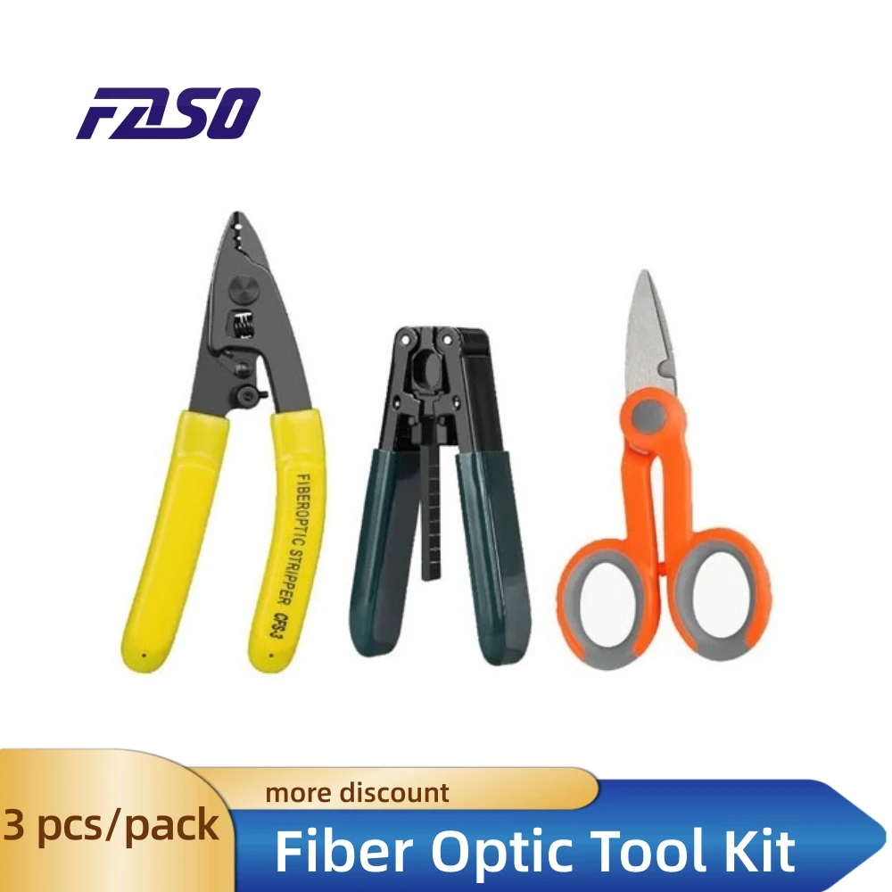 

FTTH Tool Set Fiber Optic Kit There Hole Pliers Stripper and Fiber Optic Stripper CFS-3 and Kevlar aramid Scissors 3 packs