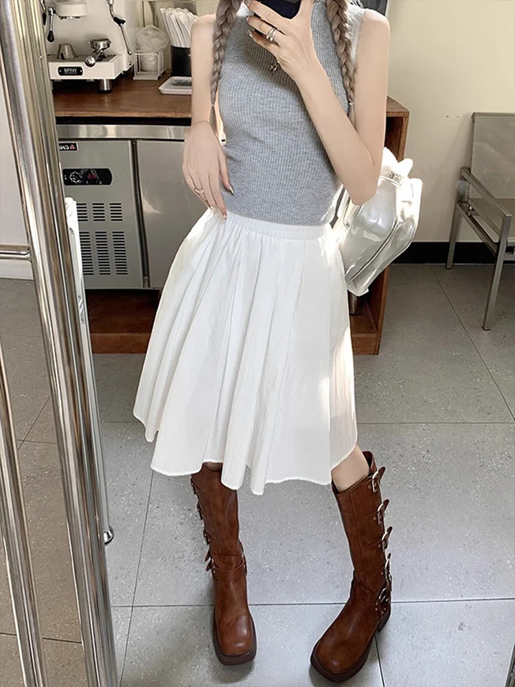 

Белая плиссированная юбка с высокой талией, женская летняя тонкая свободная трапециевидная юбка-зонтик с широким подолом, дизайн Sensation Ele Five-Quarter...