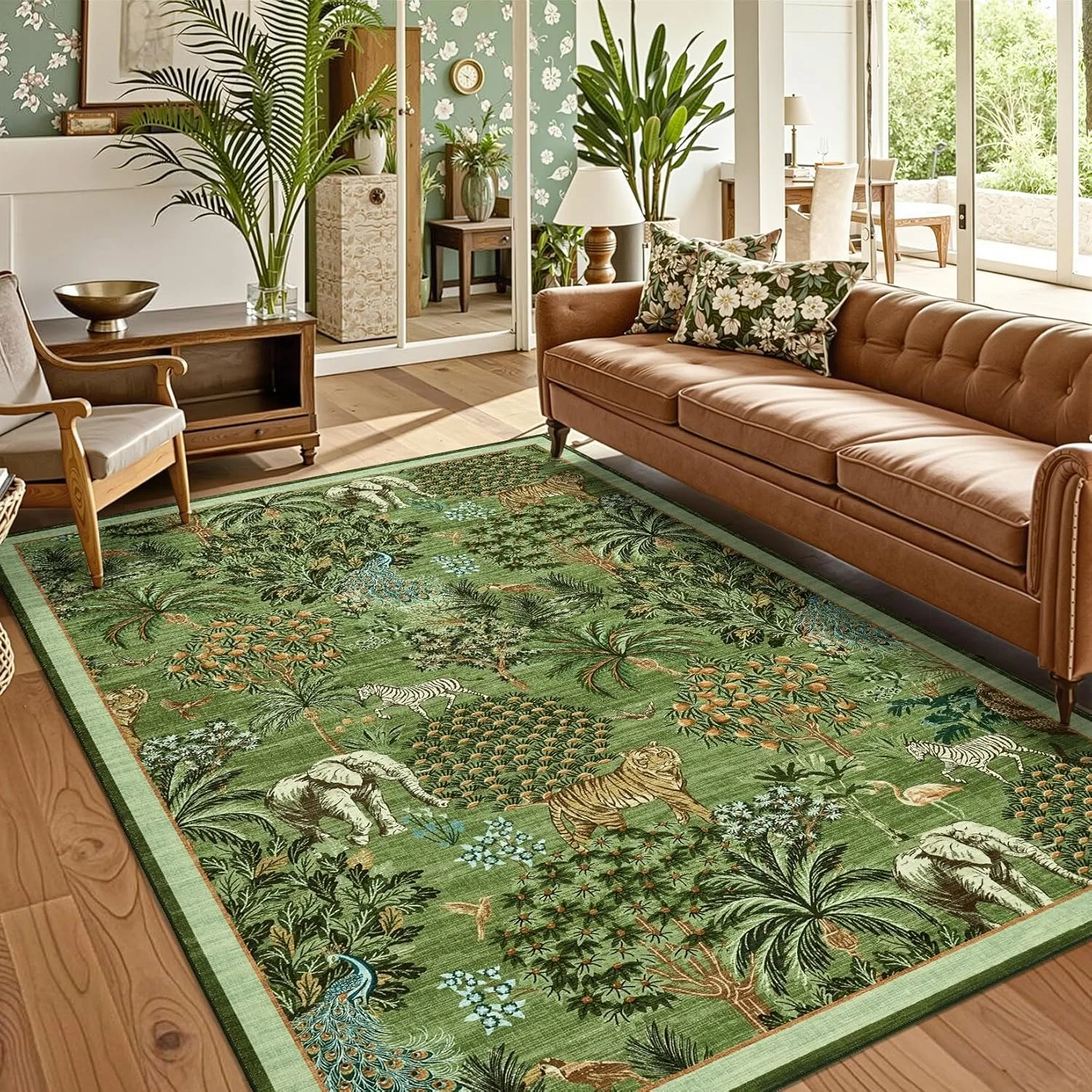 

Large Living Room Carpet Soft Machine Washable Bedroom Bedside Rug Jungle Pattern Animal Print Short Velvet Non-slip Floor Mat