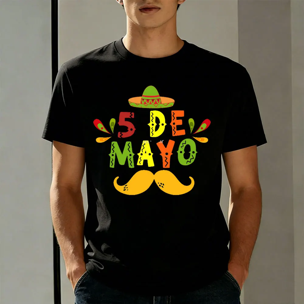 May 5th Mexico Men T-Shirt Cotton Summer Short Sleeve Fashion 5 De Mayo Mexican Hat Mustache Fiesta Celebration Print Top