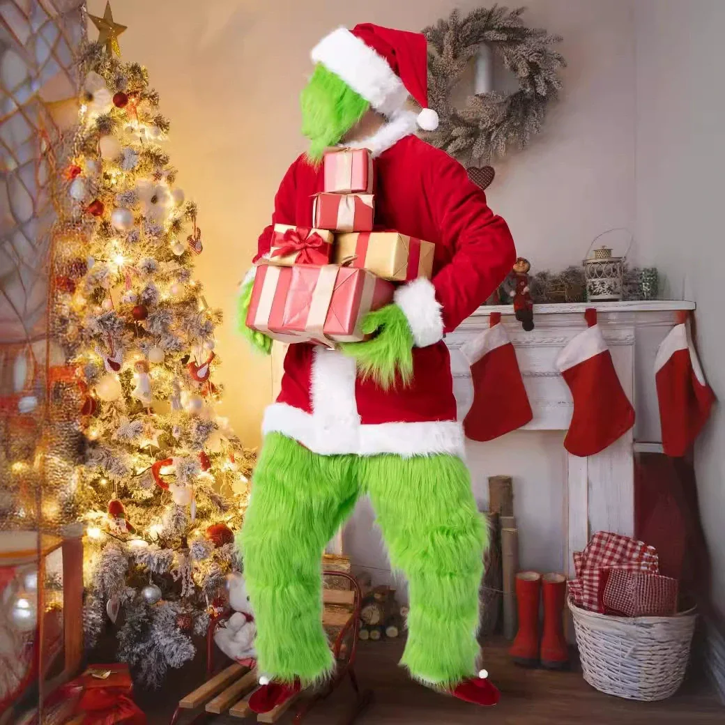 2025 Conjunto de disfraz de Papá Noel para Halloween, fiesta de Navidad, graduación, juego de rol para adultos, traje verde, monstruo peludo, Cosplay de Halloween
