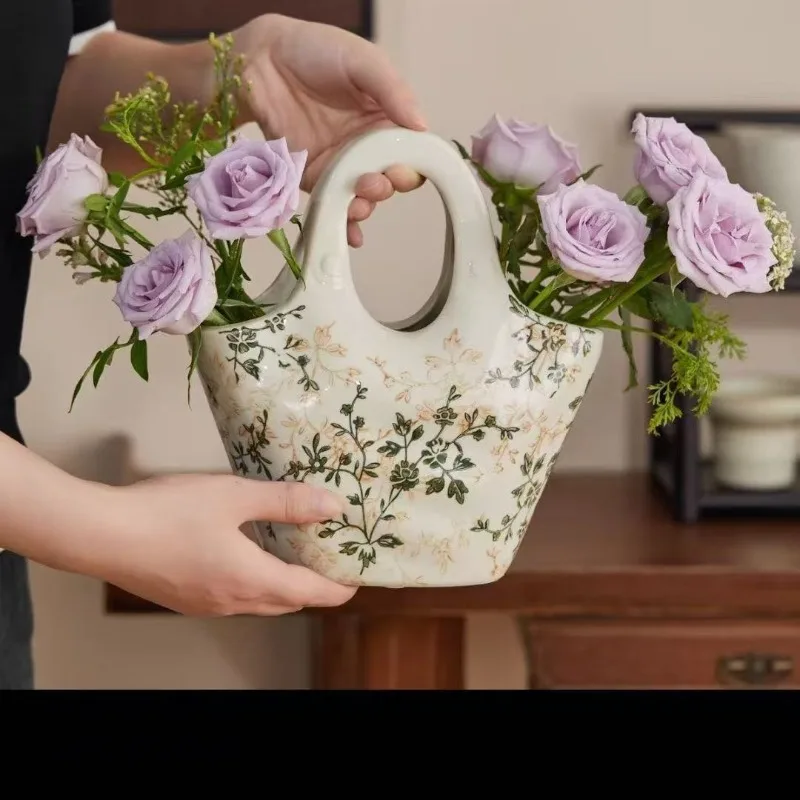 Handheld Ceramic Vase Accessories, Living Room, Hydroponic Flower Arrangement, Retro Pastoral Style