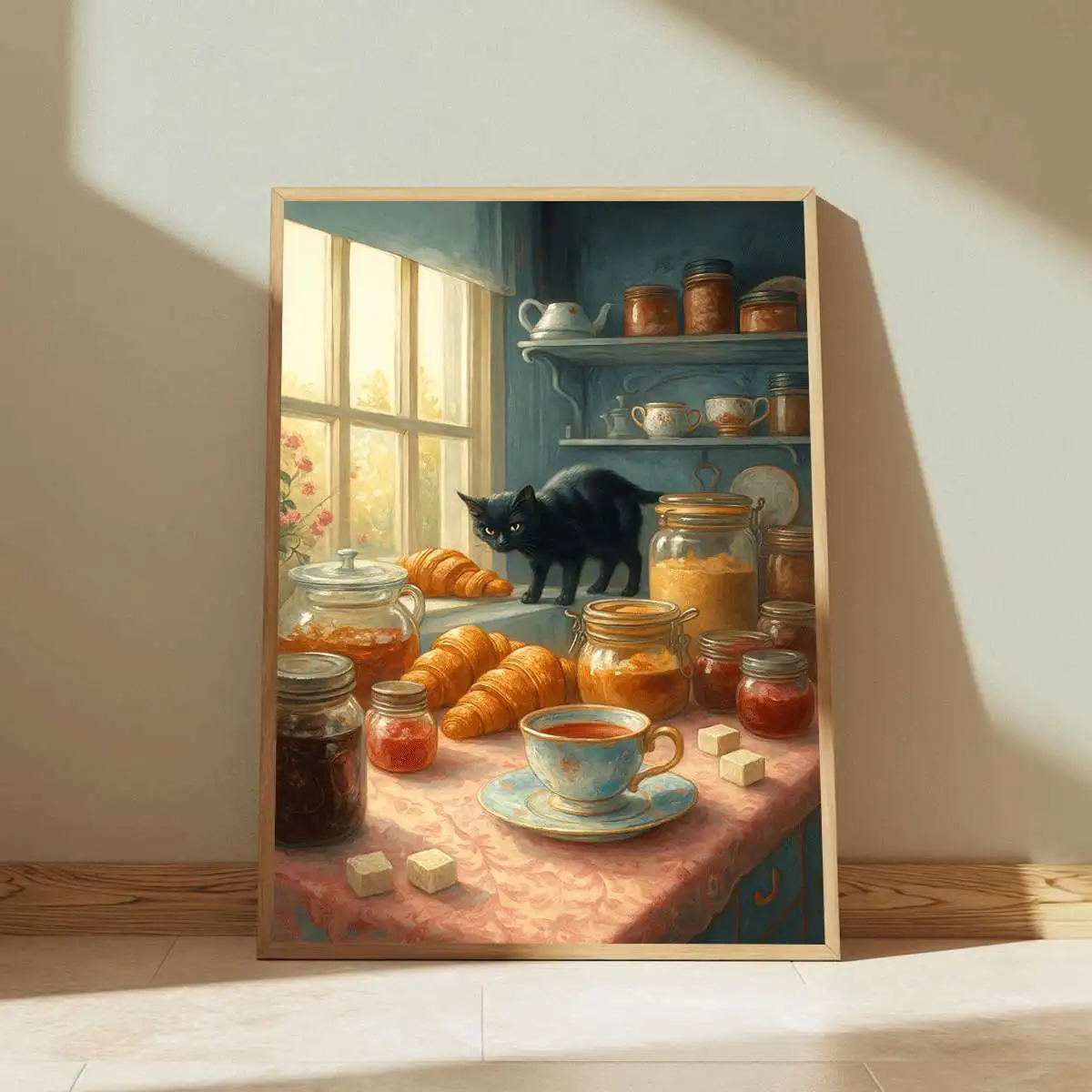 Simple black cat and croissant retro canvas decorative painting, 2D printed poster