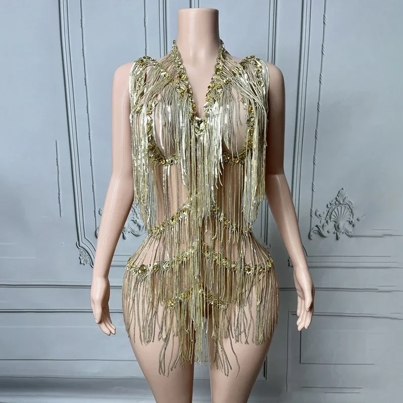 Diamond party outfit Rhinestones Fringed Bodysuit Women Party Pole Dancer Costume Bar DJ Stage Rave Outfit Performance Wear