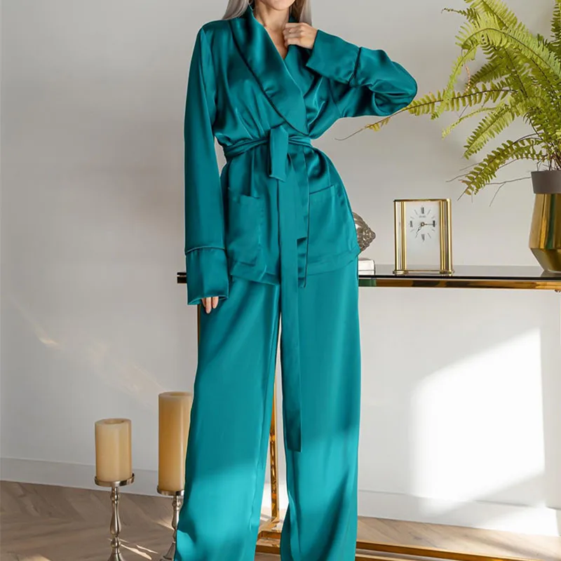 

Women's Satin Pajama Sets, Satin Robes with Sashes and Pants, Loose Nightwear, Solid Color Sleepwear, Female Casual 2Pcs Suits