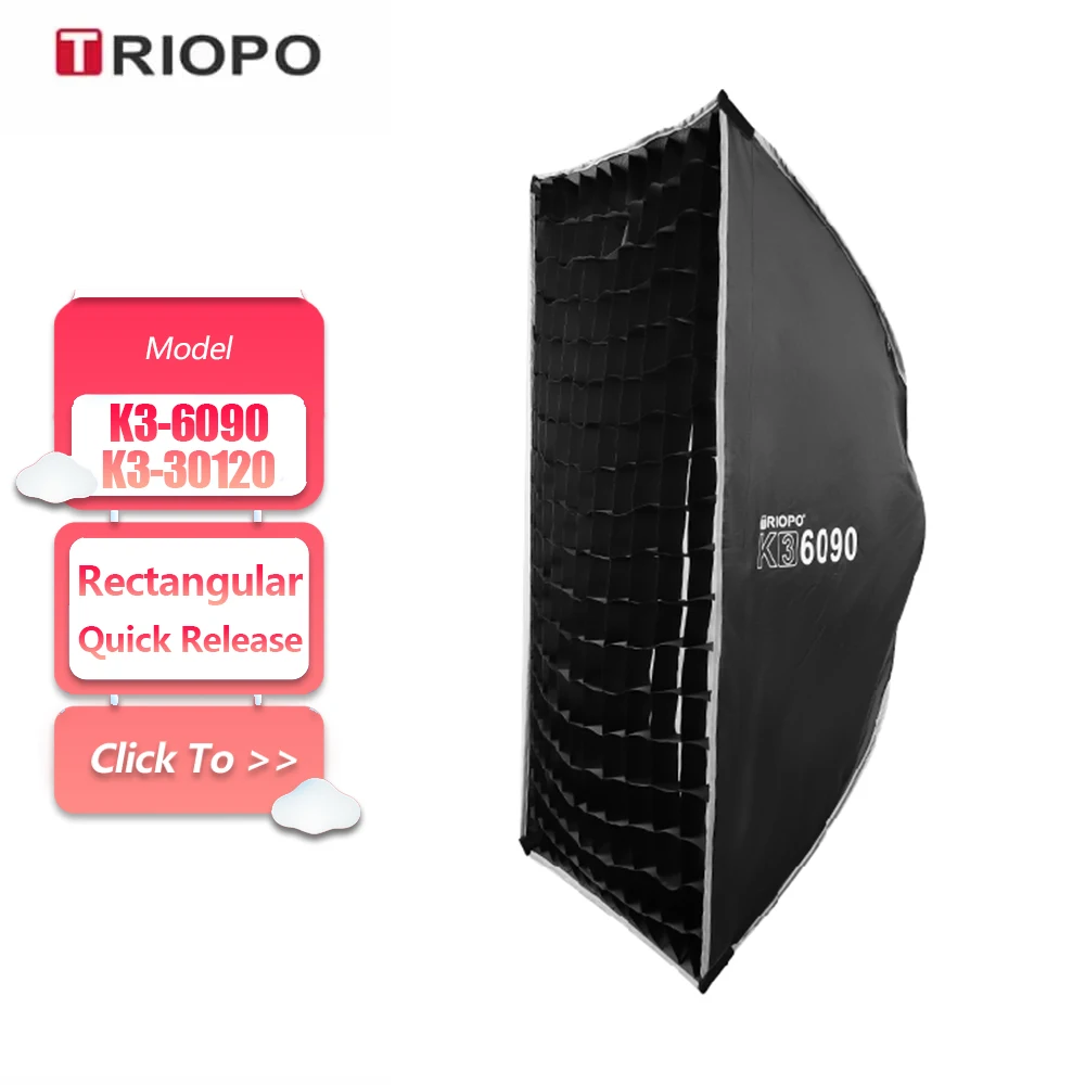 TRIOPO K3-6090 K3-30120 Quick Release Portable Rectangular Honeycomb Grid Softbox with Bowens Mount for LED Video Light Modifier