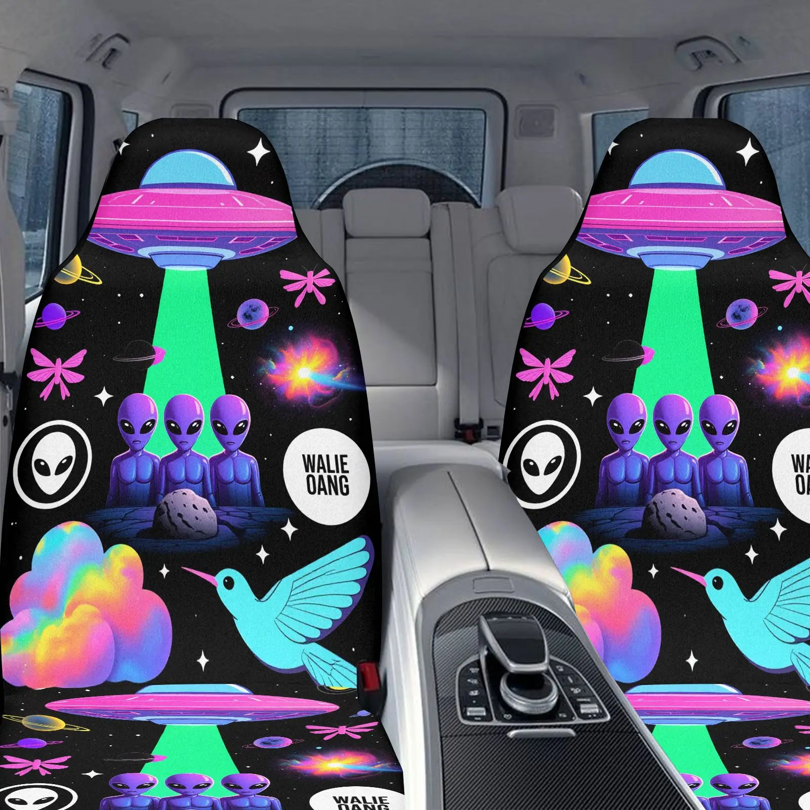 2pcs Car Seat Covers | Black Polyester Seat Covers With Alien UFO And Rainbow Birds Print, Wake Gang Text For Car Interior Decor