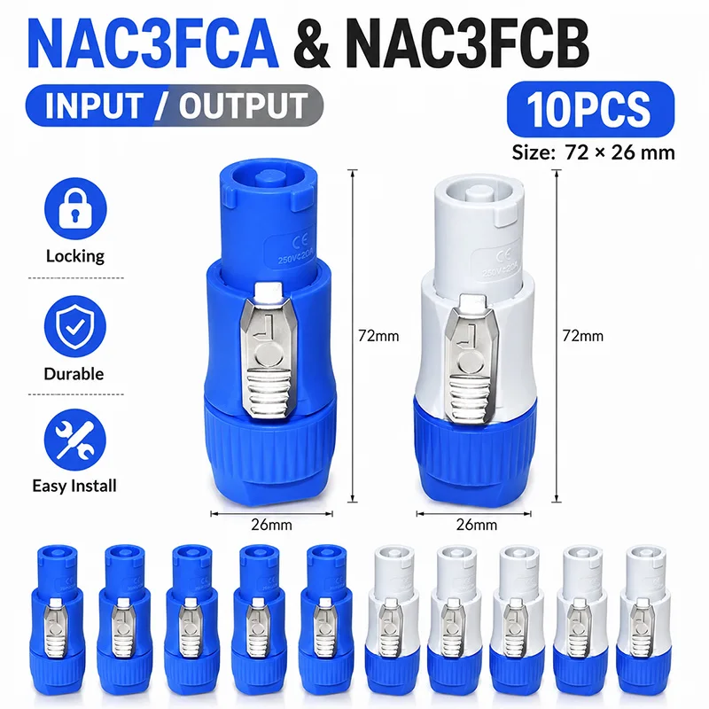 10PCS NAC3FCA NAC3FCB 3 Pin Locking Power Connector 20A 250V AC Cable Plug Adapter for Stage Lighting LED Screen Audio Speaker