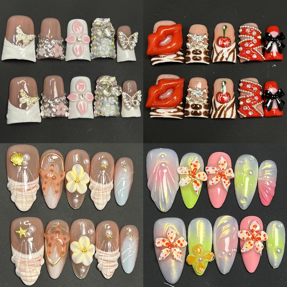 

10Pcs Spicy Girl Duckbill Almonds French Handmade Fake Nails 3D Flowers Diamond Bow Five-Pointed Star Wearable Press On Nails