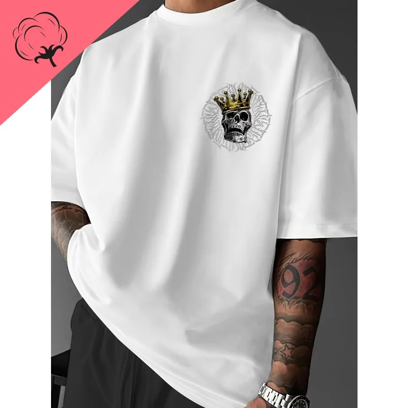 تي شيرت بنمط جمجمة وتاج قوطي - ظهر فضفاض على طراز الشارع مطبوع بكلمات "TRUST NO ONE" من القطن الخالص للجنسين عصري #3