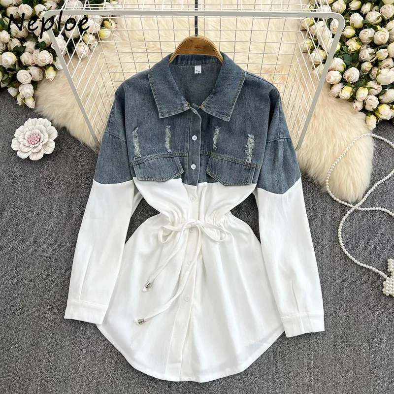 Neploe Turn Down Collar Contrast Color Denim Patchwork Blouse Single-breasted Drawstring Blusa Korean 2024  Loose Casual Shirt