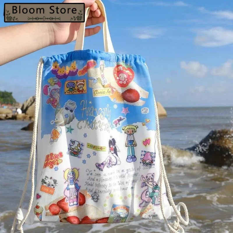

Canvas Bag Drawstring Backpacks Y2k Aesthetic Handbag Women Cartoon Print Students Kawaii Ins Schoolbags Haruku All Match Bags