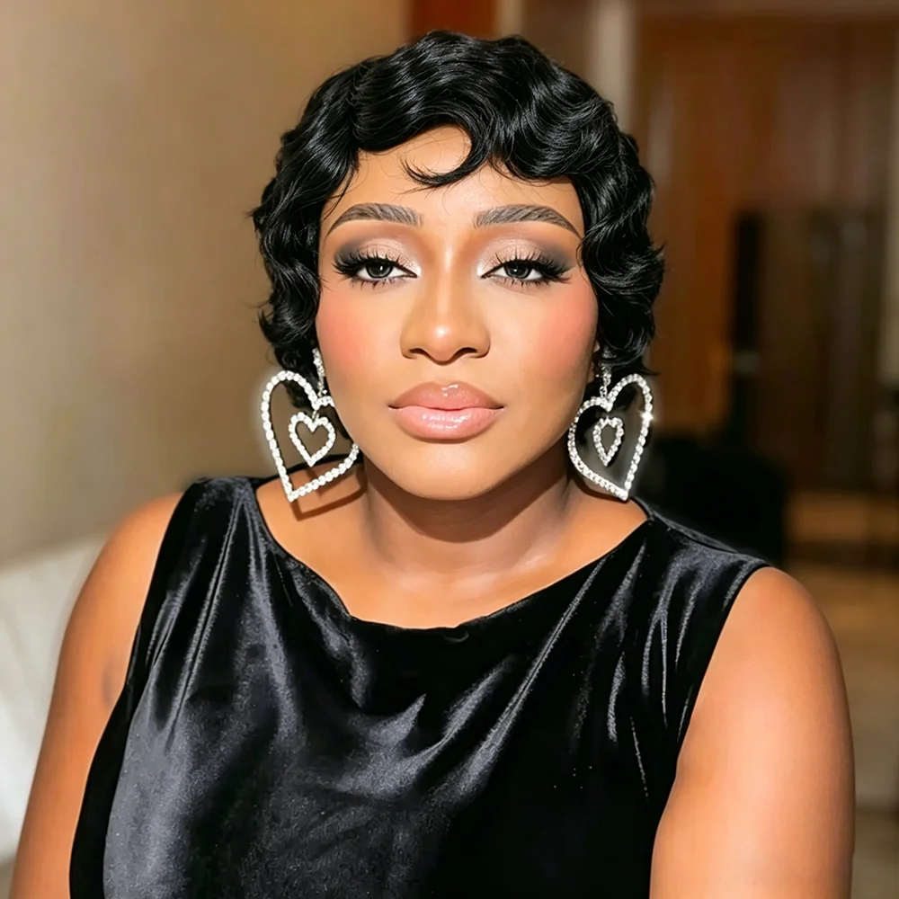 

Парик Finger Wave Pixie, из натуральных человеческих волос, глубокая волна Deep Ocean Wave, для женщин, 100% натуральные человеческие волосы, полностью машинного изготовления