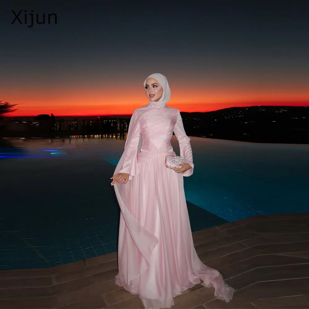 Xijun Luxury Pink Chiffon Evening Dresses Long Sleeves Pleated Formal Prom Dresses A-Line O-Neck Prom Gowns Shawl Customized