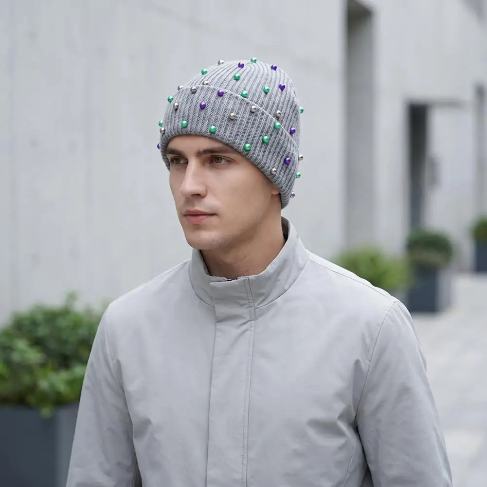 Elastic Cuffed S Unisex with Colorful Beads Winter Warm Knitted Hat Cozy Stretch Skull Cap for Outdoor Street Wear Weather Warm