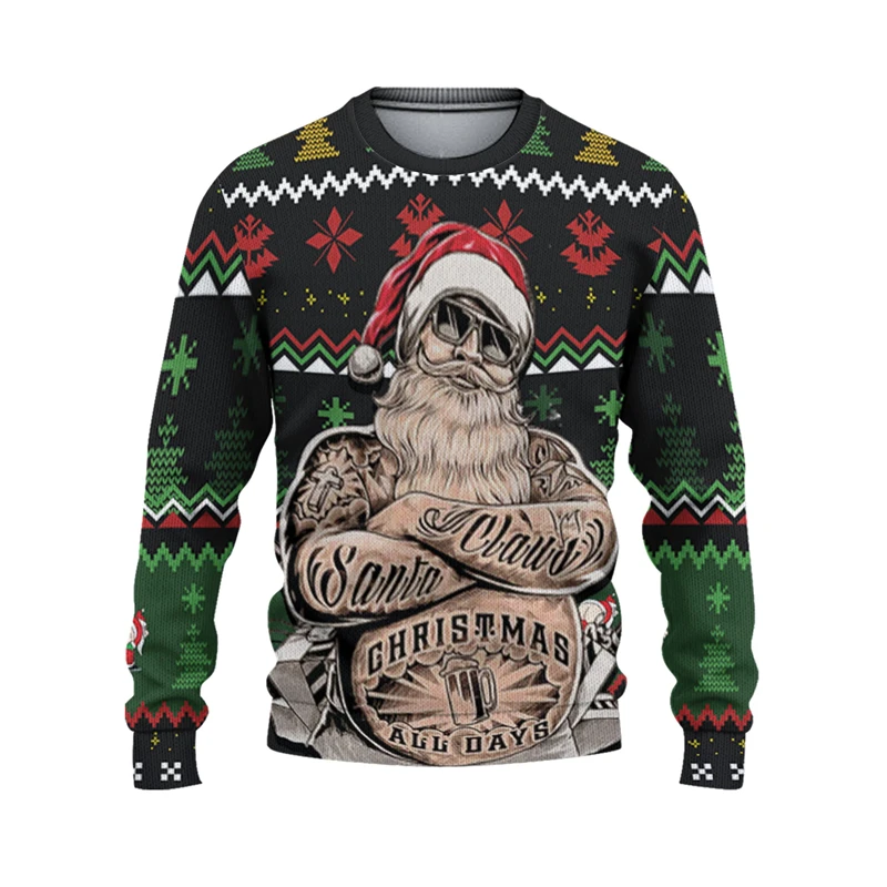 Funny Ugly Christmas Sweater For Men With Santa Claus Graphic Print Winter Warm Pullover Casual Loose Fit Sweatshirt