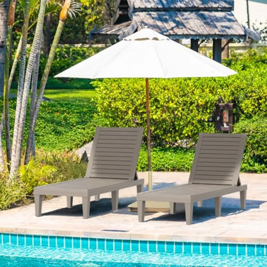 Outdoor Chaise Lounge Chair Set of 4, Grey, Waterproof Lightweight Polyethylene with 5-Position Adjustable Backrest for Garden,