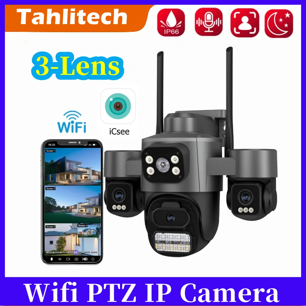 Wireless PTZ IP Camera Outdoor 6K HD Three Screens WiFi Security Camera Auto Tracking 12MP Dual Lens Wirelss CCTV Camera iCsee
