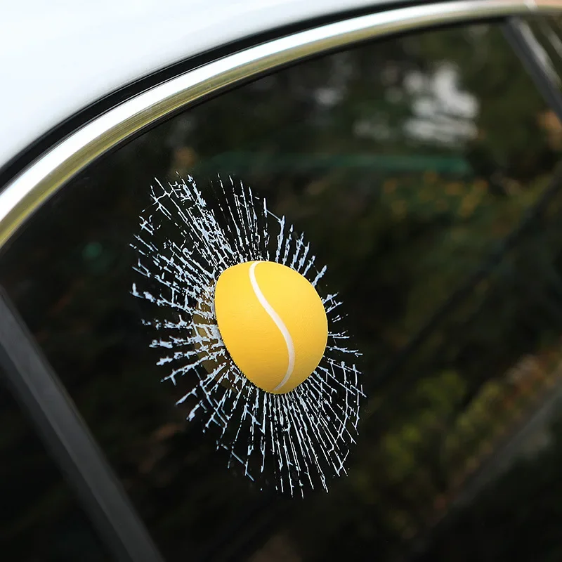 Creative Interesting 3D Baseball Tennis Ball Breaking Car Window Stickers Realistic Broken Glass Window Sticker Prank Joke Decal