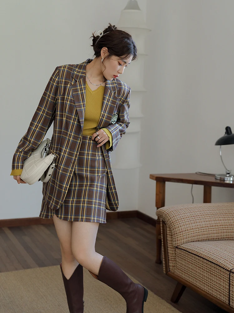 DUSHU Büro Dame Lose frauen H-förmigen Retro Plaid Anzug Jacke Herbst 2021 Neue Design Gefühl Seite Schlitz anzug Frauen Rock