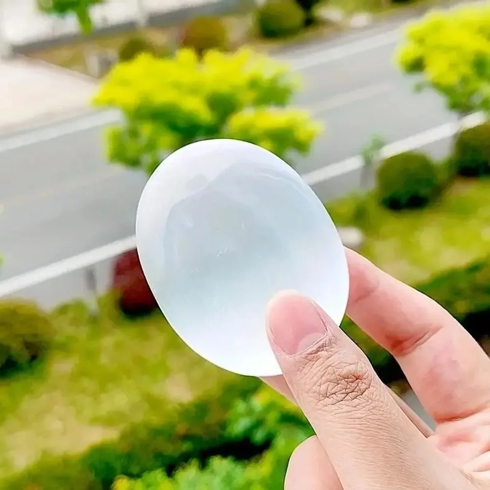 Selenite Palm Stone High Vibration Crystal for Reiki Healing & Meditation, Natural Moroccan Polished Quartz Worry