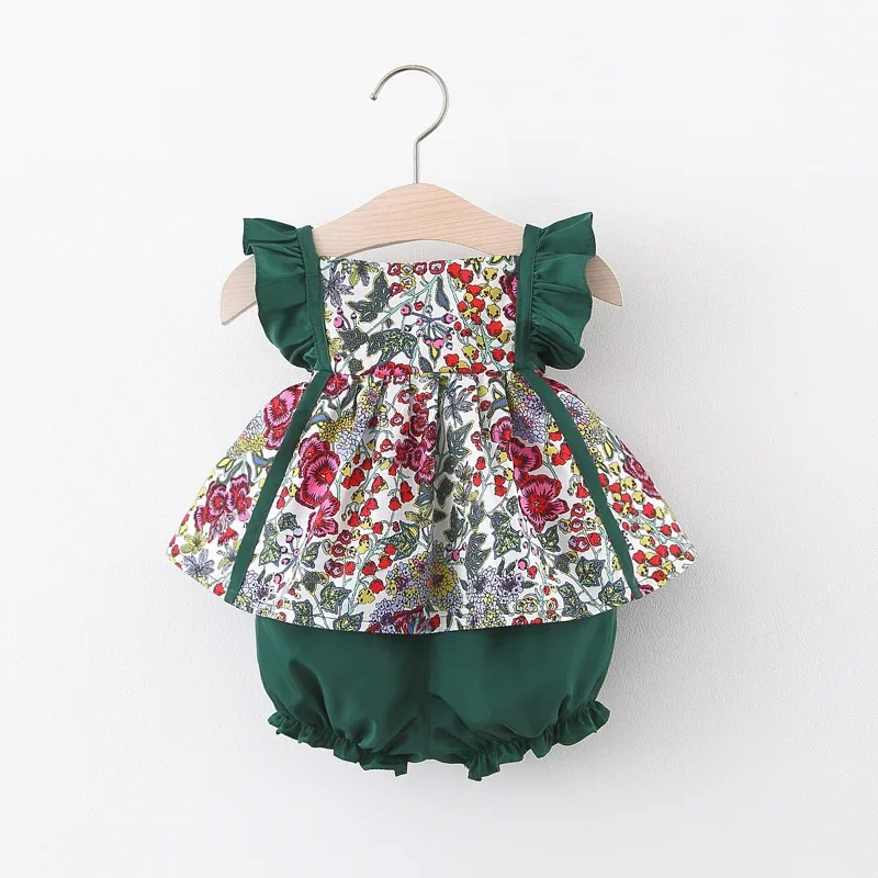 Girls Summer New Set Sleeveless Strap Fragmented Flower Top+PP Pants Two Piece Set Suitable for 0-3 Year Old Babies