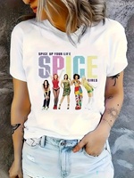 Retro Playful Design White Spice Graphic T-Shirt for Women - 90s Crew Neck Sleeve with Colorful Cartoon Print Aesthetic Clothes