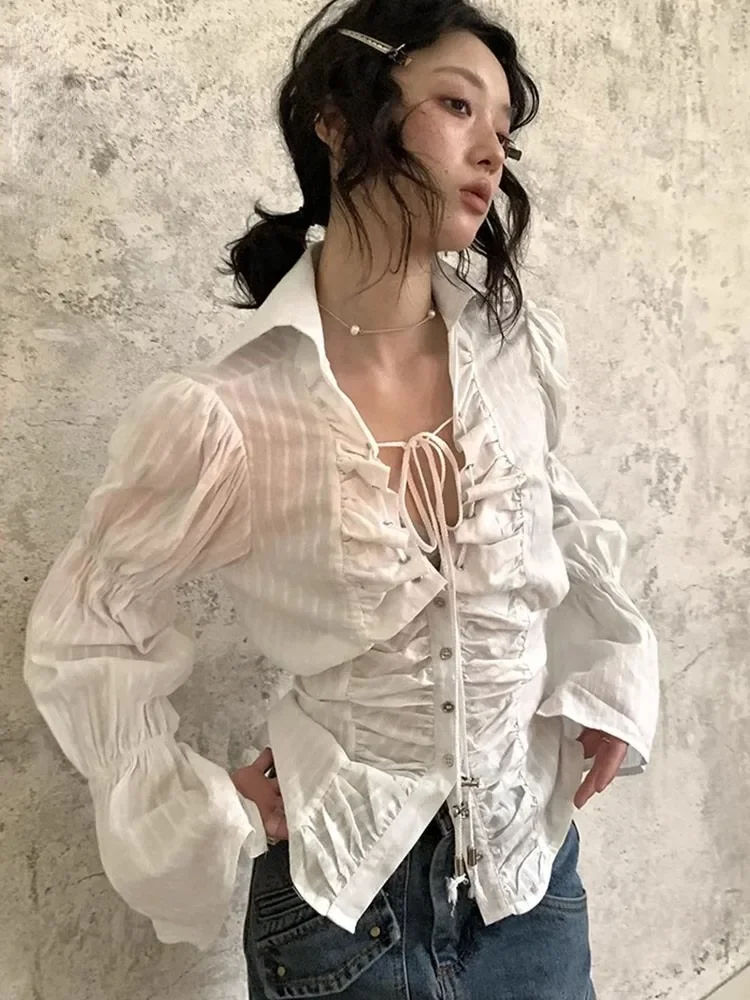 

Блузка в сказочном стиле, женская одежда, однобортная рубашка с расклешенными рукавами на шнуровке и бантом, топы, осень 2021, шикарный Y2k