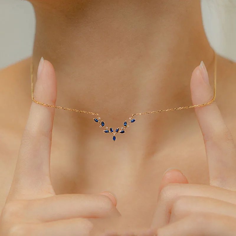 S925 Sterling Silver Blue Zircon Antler Pendant Necklace Clavicle Chain Women Vintage Gentle Jewelry Wedding Anniversary Gift