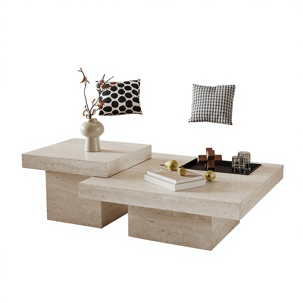 

ld-Italian Minimalist Travertine Coffee Table with Storage Space Customizable Design for Living Room Home Small Apartment#
