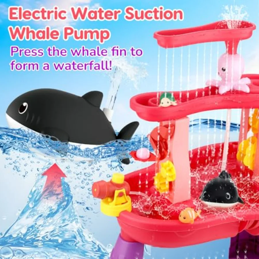 Outdoor 3-tier water table for toddlers 1-3 and 3-5 years, plastic, blue, includes pump for sensory summer splash play in backy