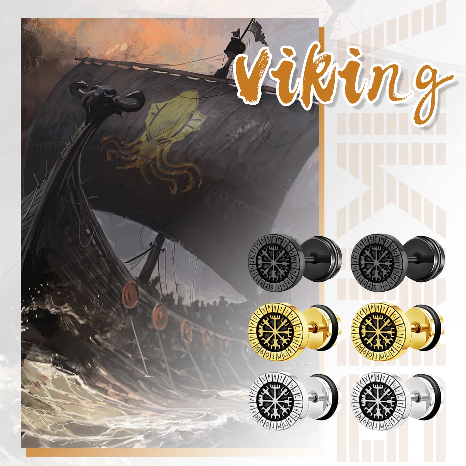 BONISKISS Men\'s Viking stainless steel earrings Nordic style compass rune embellished punk earrings set jewelry gift
